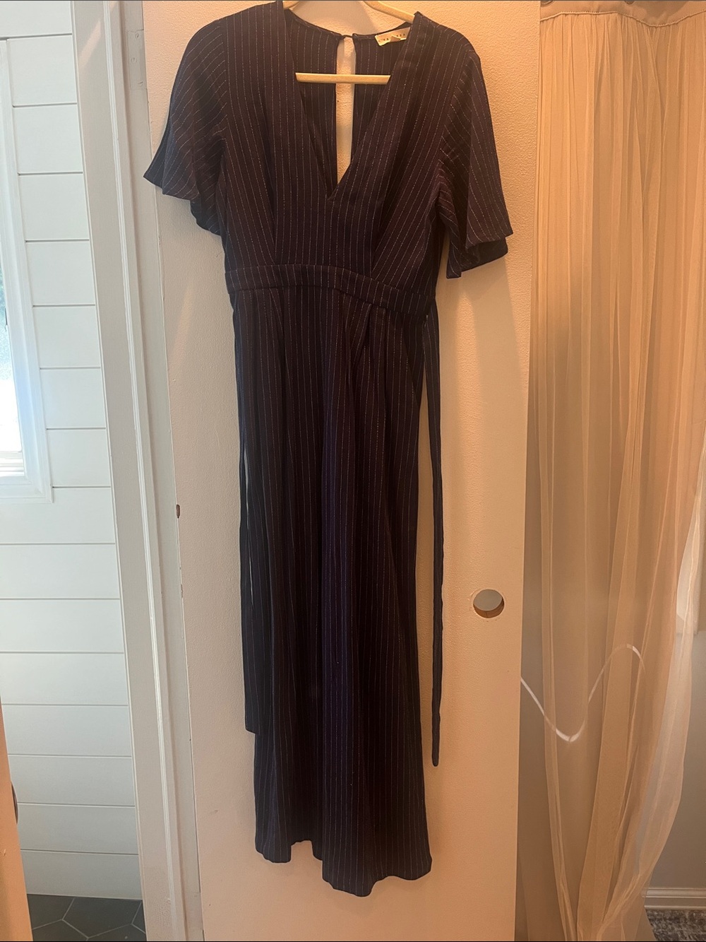 Linen Navy Pinstripe V-Neck Maxi Dress